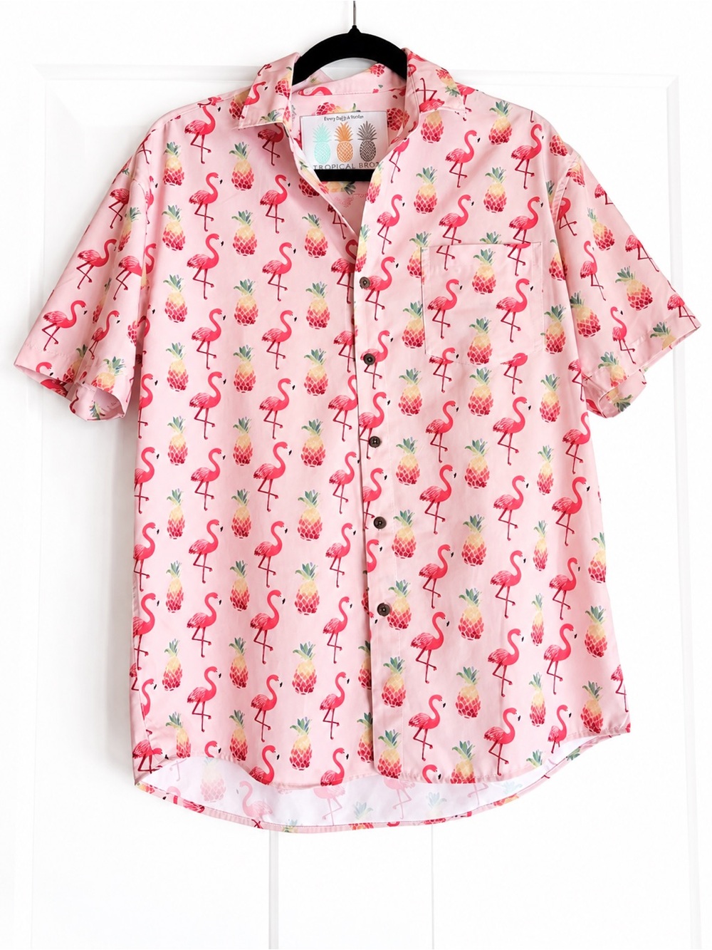 Tropical Bros Men's Pink Flamingo Hawaiian Shirt Pineapple Tropical Print M